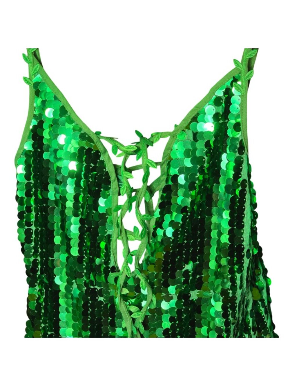 Tipsy Elves Green Sequin Ivy Costume Medium Lace Up Leaf Romper Fairy - Picture 2 of 14